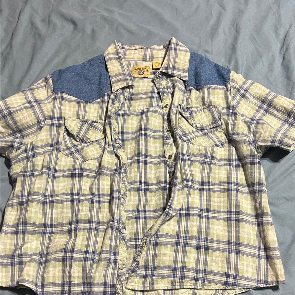 Plaid Shirt in Green and Blue western pearl buttons